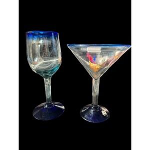 Vintage Hand Blown Glasses Wine & Martini Made In Mexico